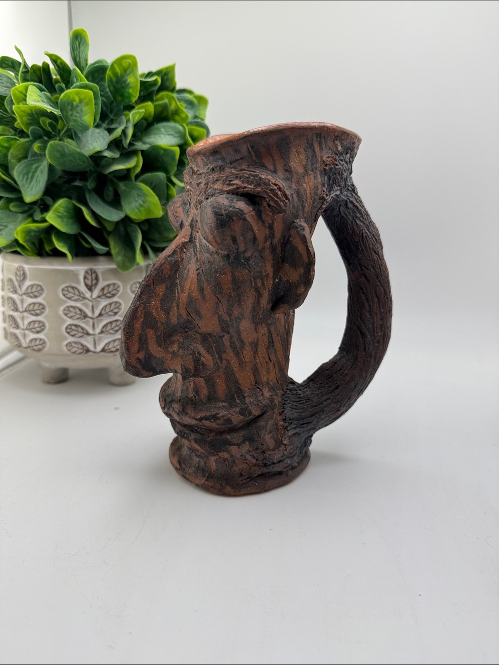 Vintage Tiki Face Mug Primitive Ceramic Wood Grain Style Sculpted Mug Cup